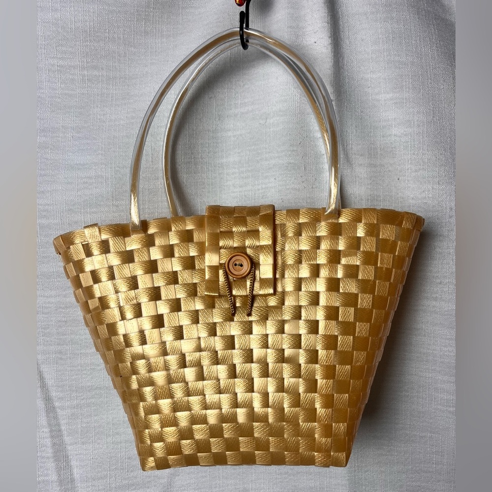 Handmade Gold Woven Tote Bag Basket with Clear Handles